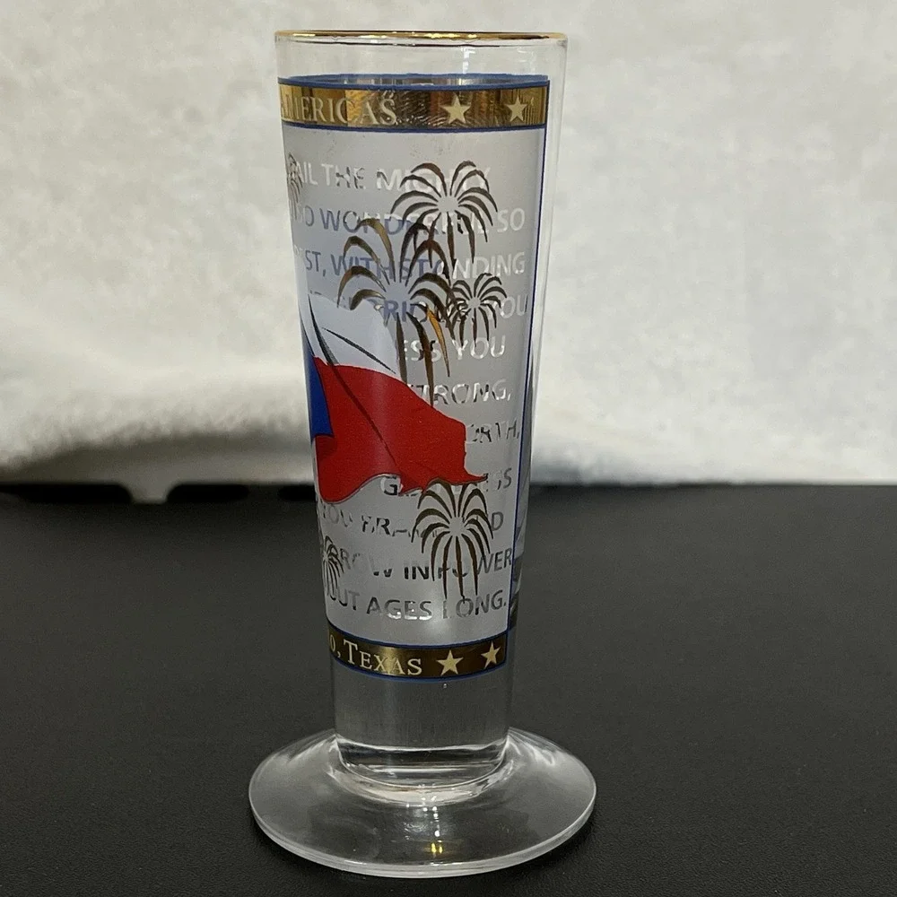 San Antonio Texas Footed Tall Stem Shot Glass Souvenir State Flag Gold Accents